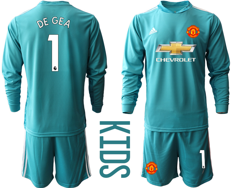 Youth 2020-2021 club Manchester United blue long sleeved Goalkeeper #1 Soccer Jerseys